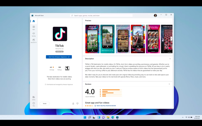 Windows的App商店將開放用戶下載Android應用程式，包括TikTok等。   圖：擷取自 Windows Youtube