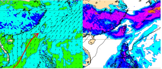 最新(26日20時)歐洲(ECMWF)模式，模擬28日20時850百帕相對濕度及風場圖顯示，台灣處在「西南季風」環境(左圖)。模擬28日20時地面氣壓及雨量圖顯示，迎風面中南部有大量降雨(右圖)。   圖/「三立準氣象．老大洩天機」