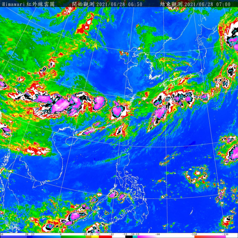 氣象局長鄭明典在臉書表示，一團團紫色區塊，約略排成長條狀，通過台灣北方海面，那是北抬的梅雨鋒面雨帶。   圖：中央氣象局/提供