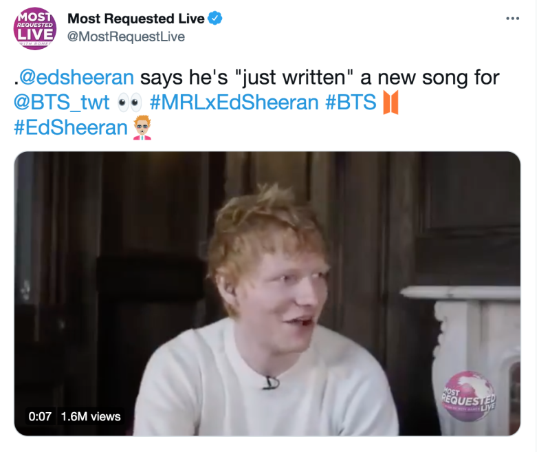 Ed Sheeran在採訪中證實了為BTS製作新曲的消息。   圖：翻攝自推特
