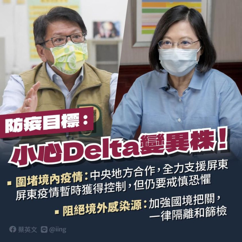 屏東發生Delta變異株群聚疫情，總統蔡英文28日在臉書指出對內圍堵境內疫情，對外阻絕境外感染源，就是現階段的防疫目標。   圖：翻攝蔡英文 Tsai Ing-wen臉書