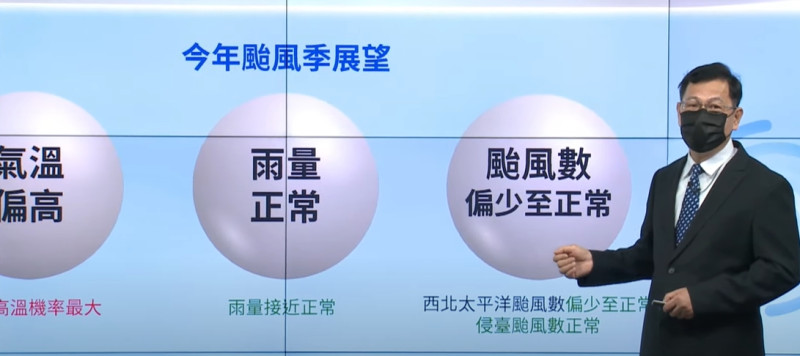 氣象預報中心主任呂國臣說明今年颱風季展望。   圖：截取自氣象局線上記者會