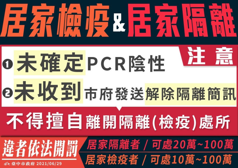 台中市政府提醒居檢及居隔者解除前需採檢。    台中市政府/提供