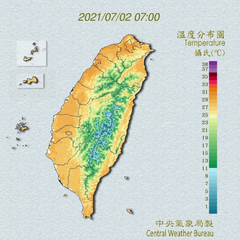 今天清晨7時，全台各地溫度節節升高，預期台灣又要變成烤番藷了。   圖：中央氣象局/提供