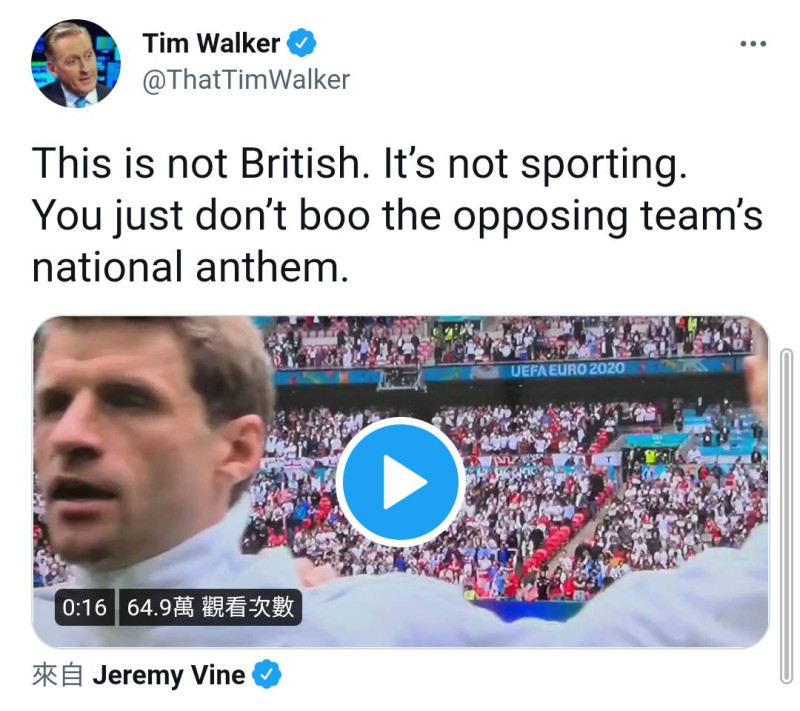 作家蒂姆·沃克（Tim Walker）在推特上公開譴責英格蘭球迷的行為。   圖 : 翻攝自蒂姆·沃克（Tim Walker）推特