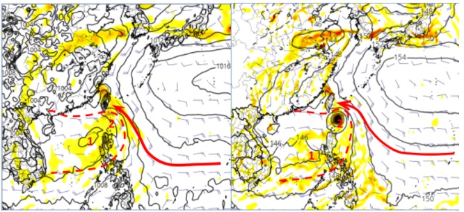 圖：最新(2日20時)歐洲(ECMWF)模式，模擬下週一(5日) 20時地面圖(左圖)顯示，有大而鬆散的「低壓環流」(紅虛線)進入南海；呈現2個環流中心，主中心(紅1)在南海發展，副中心(紅2)則在巴士海峽，台灣受東南風影響(紅箭)。美國(GFS)模式亦有類似的模擬(右圖)，但以在巴士海峽的中心強度較強。   圖/「三立準氣象．老大洩天機」擷自tropical tidbits 
