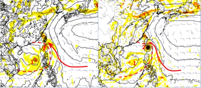 最新(3日20時)歐洲(ECMWF)模式，模擬週一(5日) 20時地面圖(左圖)顯示，有大而鬆散的「低壓環流」(紅虛線)進入南海；呈現2個環流中心，主中心(紅1)在南海發展，副中心(紅2)則在巴士海峽，台灣受東南風影響(紅箭)。美國(GFS)模式亦有類似的模擬(右圖)，但在巴士海峽的環流中心強度較強。   圖/「三立準氣象．老大洩天機」擷自tropical tidbits 