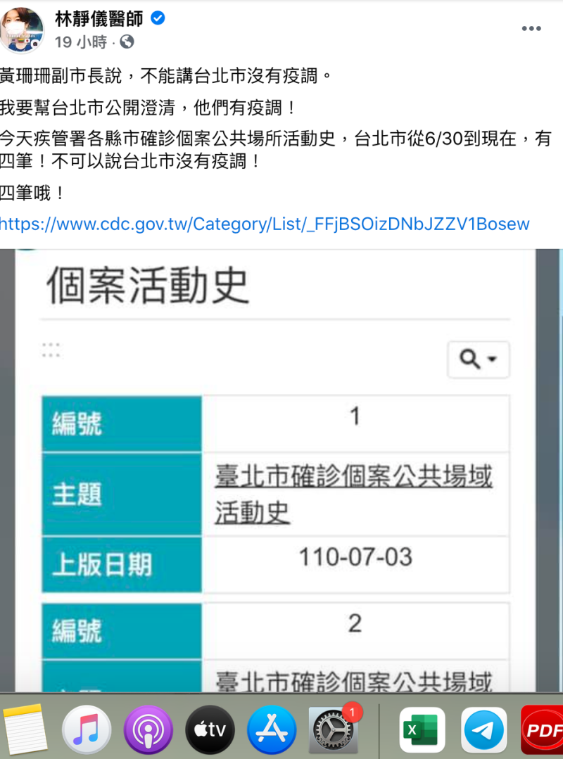 林靜儀醫生表示，疾管署各縣市確診個案公共活動史，顯示台北市自6/30於至今共做了四筆疫調。   圖：翻攝自林靜儀醫師 臉書