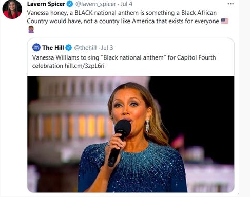 美國公共廣播公司 (PBS) 因在7月4日美國國慶日，邀請非裔歌手兼演員凡妮莎·威廉姆斯在國會大廈獨立日音樂會上演唱「黑人國歌」，在社交媒體上引發爭議。   圖 : 翻攝自推特