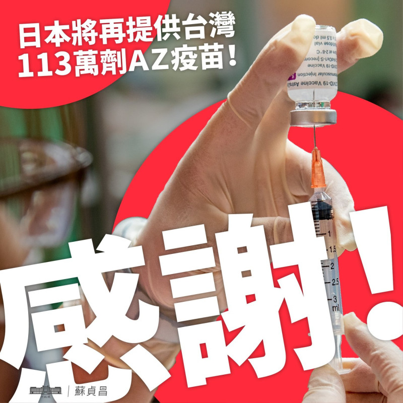 行政院長蘇貞昌今(6)天在臉書發文表示，日本繼6/4提供台灣124萬劑AZ疫苗後，日本外務大臣茂木敏充稍早也宣佈將再次提供台灣113萬劑疫苗。   圖：擷自蘇貞昌臉書