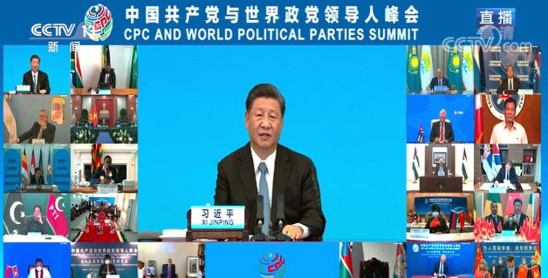 中共總書記習近平7月6日晚間與世界政黨領導人進行視訊峰會。   圖：翻攝央視