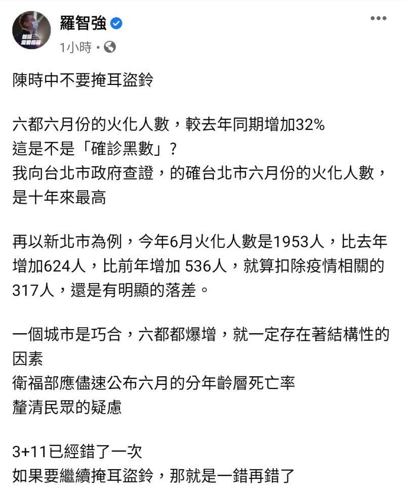 羅智強的臉書貼文。   圖: 翻攝自羅智強臉書