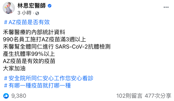 林思宏醫師表示，AZ疫苗是有效的疫苗，抗體產生率達99%。   圖：翻攝自林思宏醫師臉書