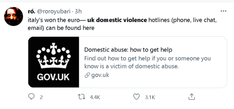 在英格蘭輸掉決賽后，英國的社交網路上很快出現了呼籲英國女性及時撥打家庭暴力求助專線，或去家庭暴力庇護所尋求庇護的貼文。   圖：翻攝自推特