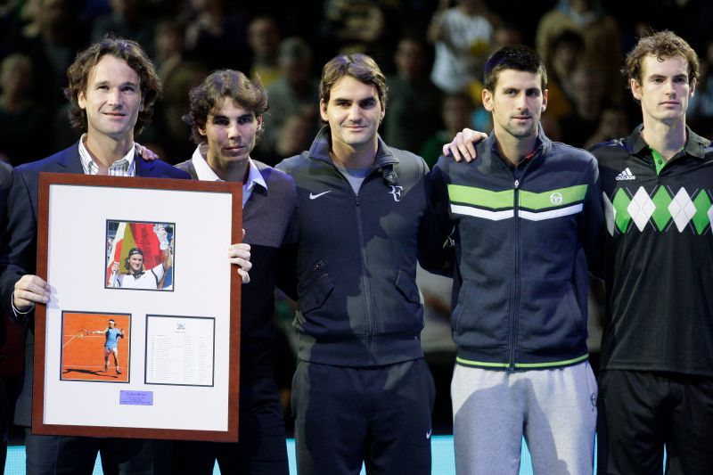 Roger Federer、Rafael Nadal、Novak Djokovic和Andy Murray四人合影。   圖：美聯社／達志影像／提供