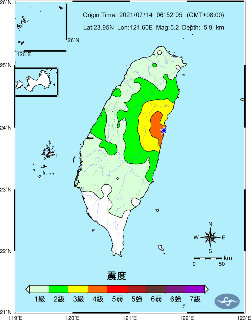 花蓮今早22連震，氣象局表示，未來一週不排除還有規模5的餘震(圖為6:52地震震度圖)。   圖：中央氣象局／提供