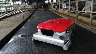 畜試所今導入亞洲區第一台專為非條狀地板牛舍設計的吸糞型清潔機器人。   圖：畜試所提供。