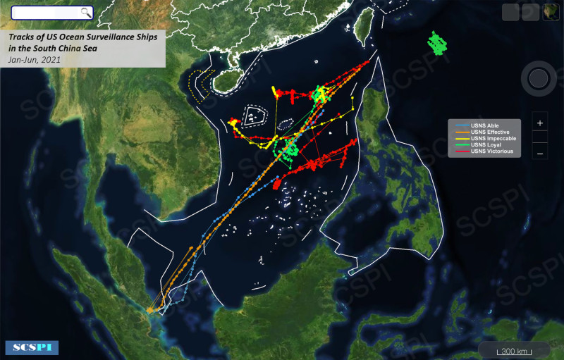 「南海戰略態勢感知計畫」平台指今年1-6月份美軍擁有的5艘海洋監視船先後前往南海開展作業。   圖：翻攝SCS Probing Initiative推特