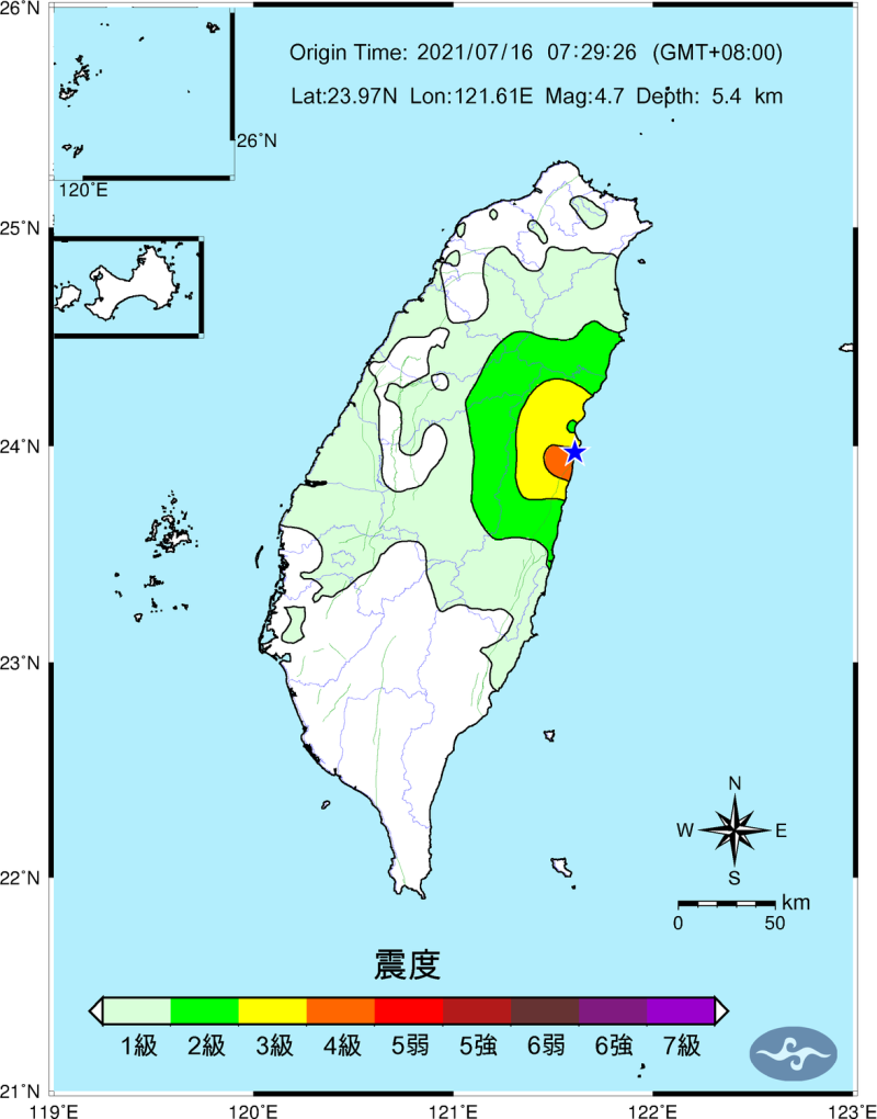 今日上午花蓮又16連震，其中2起規模達4.7(圖為7:29規模4.7地震震度圖)。   圖：中央氣象局/提供