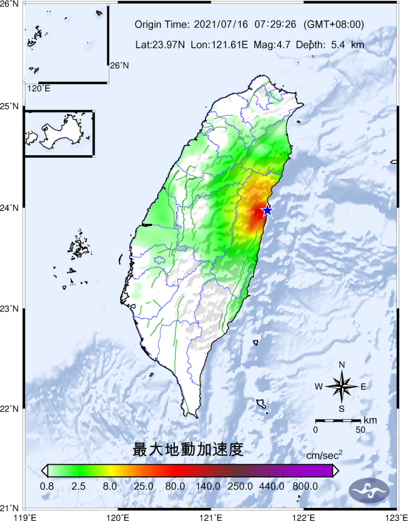花蓮今日上午7點到8點之間共發生15起地震(圖為7:29地震最大地動加速圖)。   圖：中央氣象局／提供