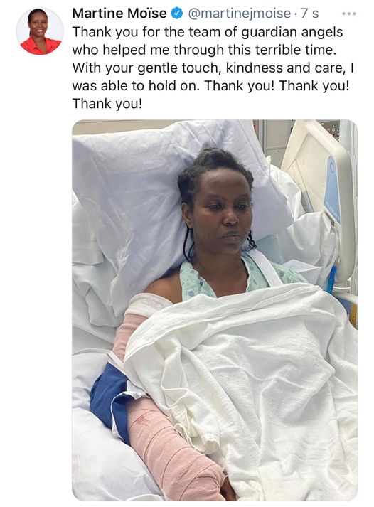 海地第一夫人稍早在邁阿密醫院推文表示，她無法相信丈夫「沒有留下遺言」就走了，「這種痛永難抹滅」。   圖/Martine Moise推特