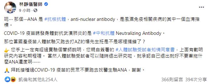 林靜儀醫師則針對楊志良的說法，表示ANA不是武漢肺炎疫苗誘發身體對抗疾病的指標。   圖：翻攝自林靜儀醫師臉書