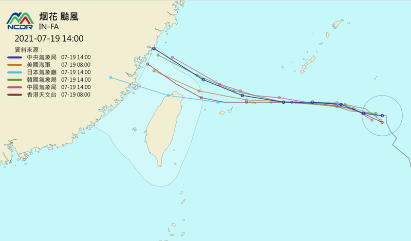 第6號颱風「烟花」各國預測路徑圖。   圖：擷自NCDR