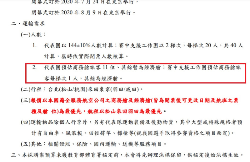 國民黨立法委員洪孟楷找出東京奧運運輸企劃書，曝光教育部一開始就沒規劃讓全部東奧代表選手搭商務艙。   圖：擷取自網路