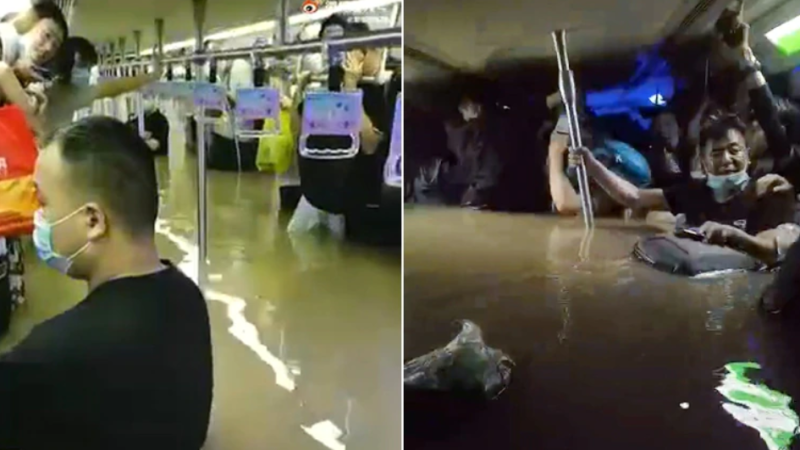 豪雨在鄭州市區釀成嚴重災情，地鐵站水深及腰，多名乘客被困。   圖：翻攝微博