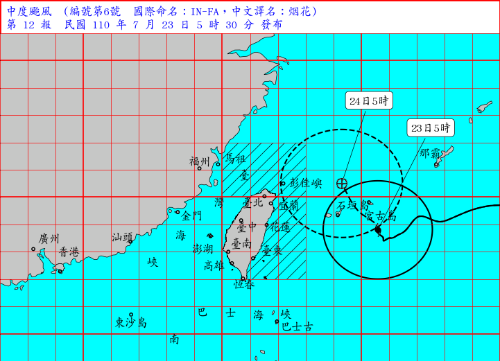 烟花颱風上午5時約在台北東南東方440公里海面上，以每小時8轉12公里速度，向西北轉北北西進行。   圖：中央氣象局/提供