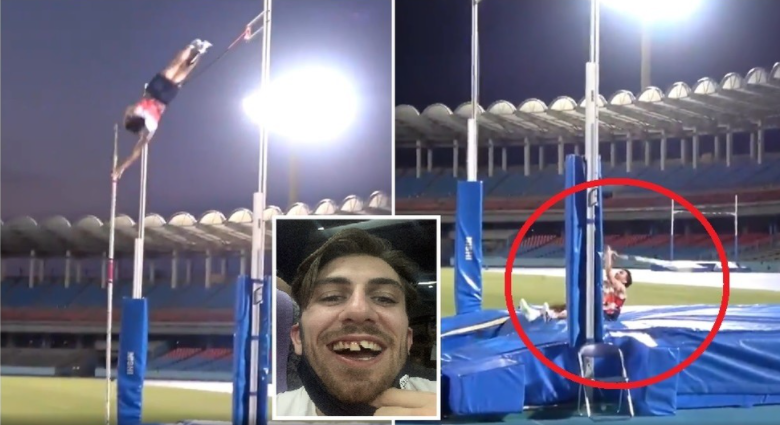 英國撐桿跳運動員科佩爾在東京奧運會賽前練習中，被落下的橫桿砸壞了兩顆門牙。他在21日於推特上發布了訓練影片和自拍照，還寫說希望東京有個好牙醫。   圖：翻攝自推特