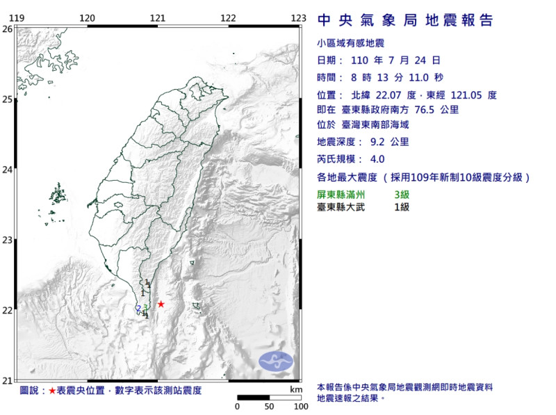 8時13分芮氏規模4.0地震，最大震度屏東縣3級、台東縣1級。   圖/中央氣象局