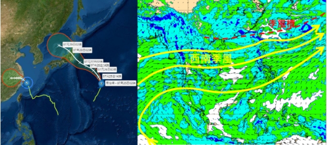  今(25)日2時中央氣象局「路徑潛勢預測」圖(左圖)顯示，中颱「烟花」在浙江海面，今晚從杭州灣南方進入大陸，登陸後將迅速減弱並在華南打轉；另一輕颱「尼伯特」向北北西轉西北，撲向日本，27日影響本州北部。最新歐洲(ECMWF)模式，模擬8月3日12時850百帕風場圖(右圖)顯示，「西南季風」仍持續影響台灣。   圖/「三立準氣象．老大洩天機」專欄