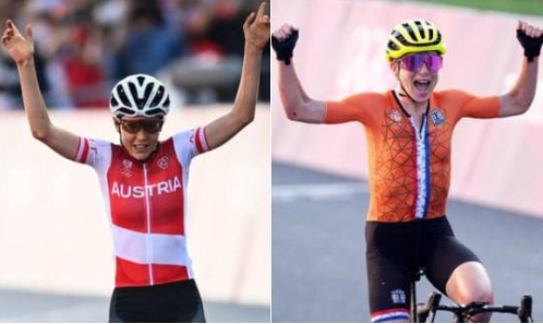 手安娜·基森霍費爾 (左) 在東京奧運女子自行車公路賽上取得金牌，由於領先其他對手太多，荷蘭自行車運動員安妮米克·范·維勒坦（右）衝過終點線時，以為自己是第一名，還高舉雙手慶祝勝利。   圖 : 翻攝自新浪網