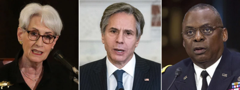 三名美國政府高級官員本周同時訪問亞洲。左起，謝爾曼、布林肯，奧斯汀。   圖：翻攝自觀察者