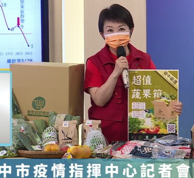 台中市長盧秀燕在本土疫情爆發之初大力推銷蔬果箱，以降低上傳統市場感染風。    台中市政府/提供