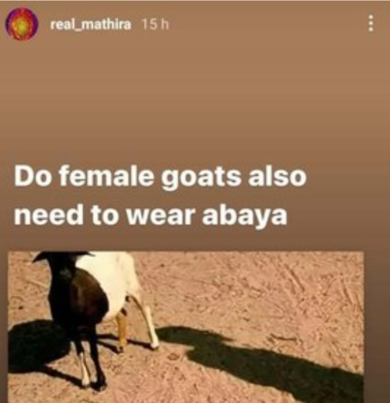 巴基斯坦演員Mathira也在Instagram上分享母山羊遭侵犯的新聞，質問「母山羊也需要穿衣服嗎？」。   圖 : 翻攝自社群軟體