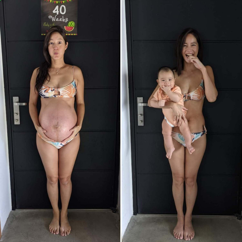 Janet今日在臉書曬出生產前後對比照，身材依舊苗條。   圖：翻攝自Janet Hsieh 謝怡芬臉書