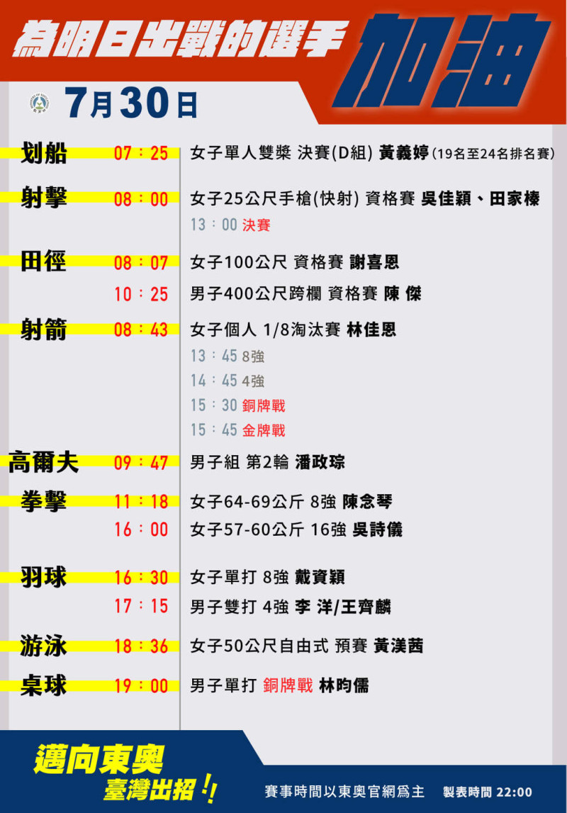 台灣選手30日賽程。   圖：教育部臉書