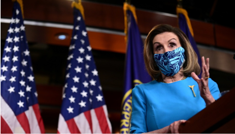 美國共和黨人認為，不戴口罩就逮捕的新規，是眾議院議長佩洛西在「濫用權力」。   圖：翻攝自環球網