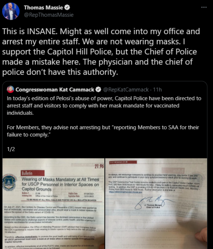 美國共和黨人梅西在29日用推特轉發這則新規，還寫文說，「國會警察可以來我辦公室，然後逮捕我所有的職員。」   圖：翻攝自推特