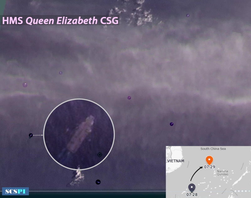 「南海戰略態勢感知計畫」平台公布29日「伊麗莎白女王號」航空母艦打擊群通過南沙群島衛星照片。   圖：翻攝 SCS Probing Initiative推特