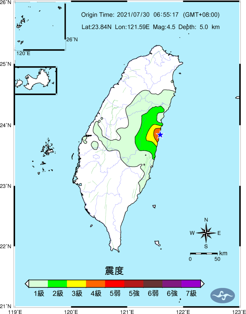 花蓮昨晚至今晨發生3起地震(圖為今晨6:55地震震度圖)。   圖：中央氣象局／提供