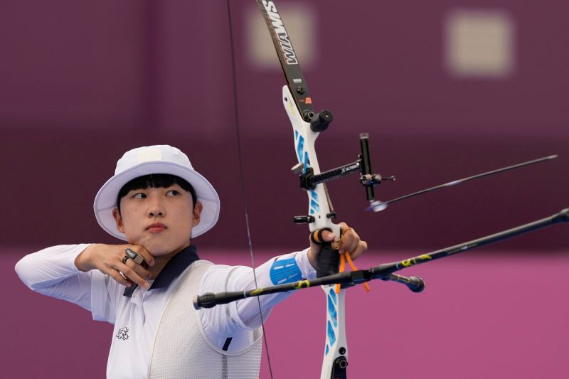 南韓射箭新星安山在東京奧運拿下3金。   圖／美聯社／達志影像