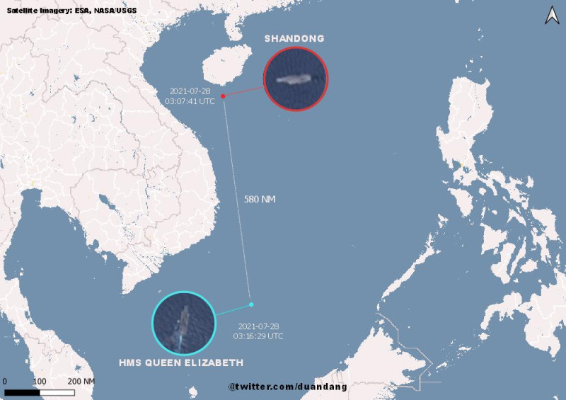 中英航母都在南海，相對位置圖。   圖：翻攝Duan Dang推特