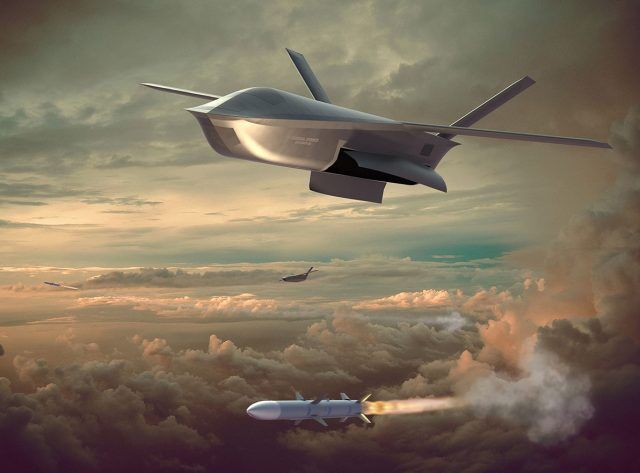 美國研究中自有彈艙攜帶空對空導彈的「長鉤」(Long Shot)無人機想像圖。   圖：翻攝環球網