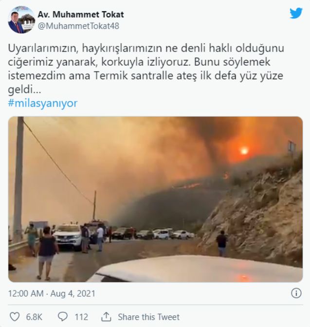 依米拉斯市長托卡特發布的照片顯示，火焰在土耳其森林瘋狂肆虐。   圖：翻攝自推特