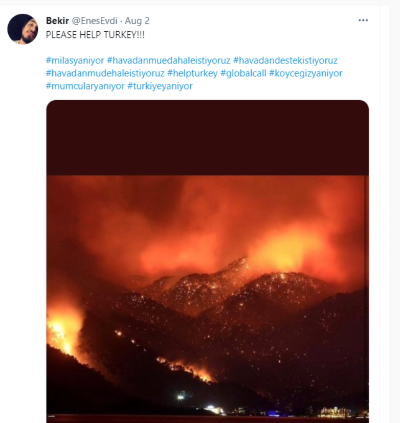 對於大火肆虐，土耳其民眾紛紛在推特發文求救。   圖：翻攝自推特
