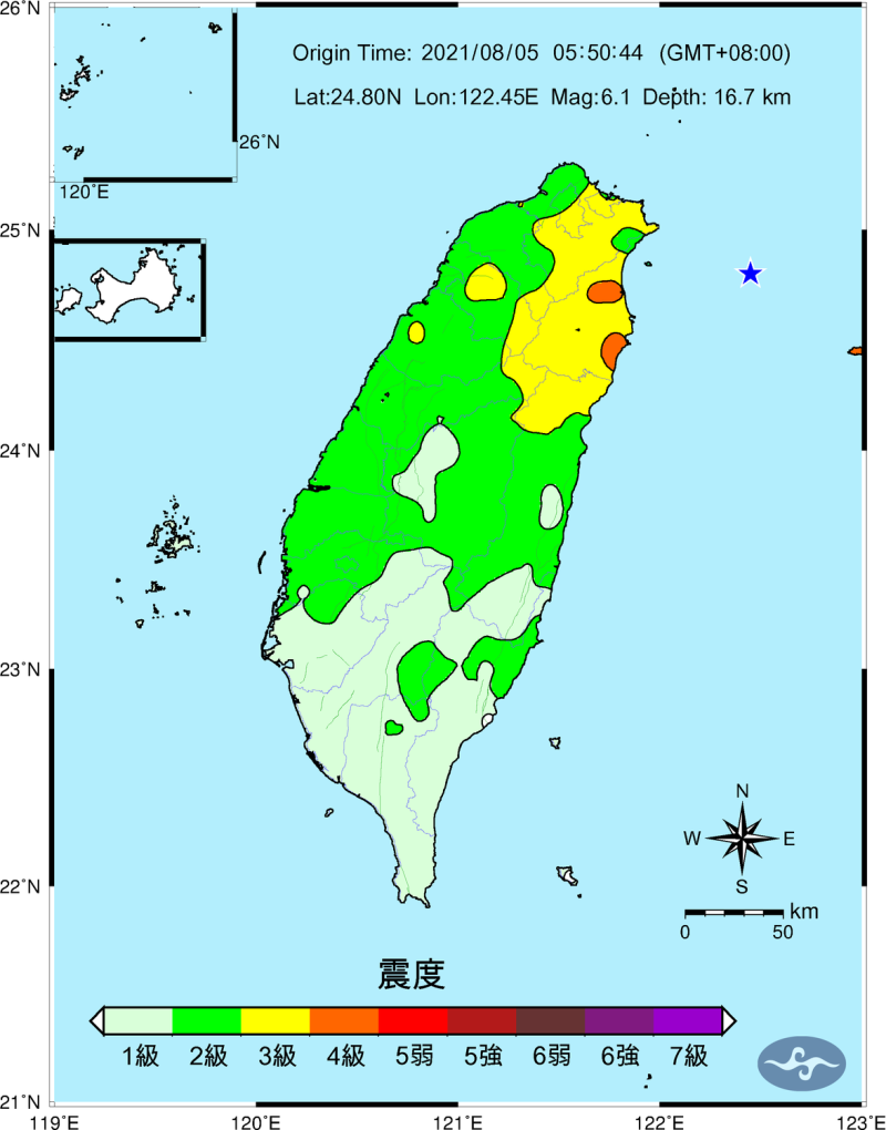 今日清晨宜蘭外海發生規模6.1地震(圖為地震震度圖)。   圖：中央氣象局／提供