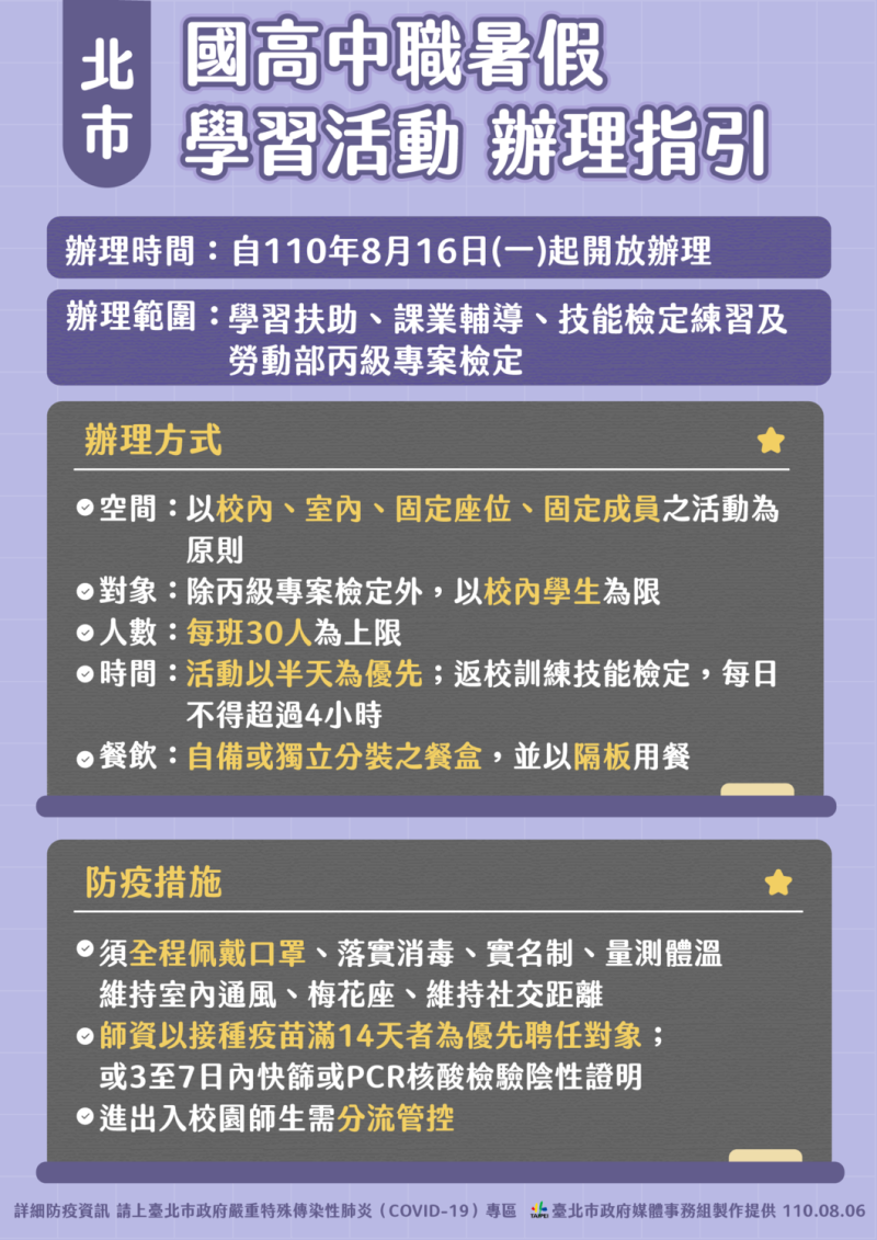 北市國高中職暑假學習活動辦理指引。   圖：台北市政府 / 提供